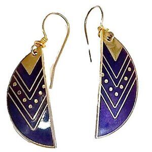 Vintage Roccoco Cloisonne Enameled Half-Moon Gold Tone Dangle Earrings